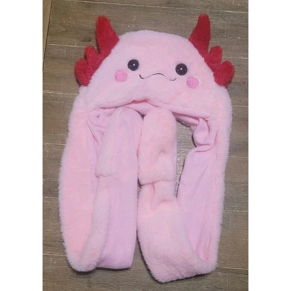 Axolotl Plush Hat with Long Scarf Mittens Girls Novelty costume accessory